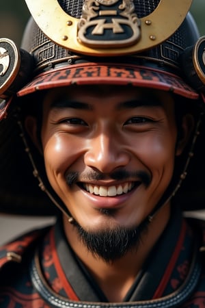 A dynamic close-up shot of Shohei Ohtani, wearing a traditional samurai helmet,smile.ultra detailed, photo-realism, 8k.