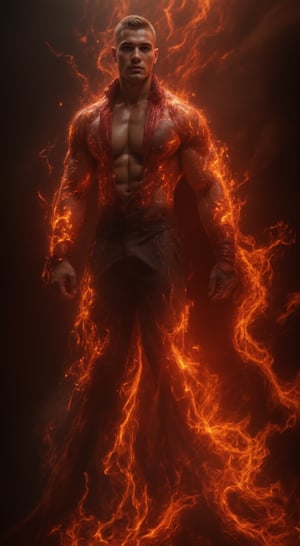 Full-body muscular man with handsome face, tan skin, short black hair, clean-shaven face, undercut hairstyle, bathed in an inferno of crimson flames, wears a flowing red coat that seems to be made of fire itself, wields a colossal fiery sword. Full body.
 Ultra-detailed, masterpiece, best quality, sharp focus 8k photorealistic, large pectorals, RAW photo.