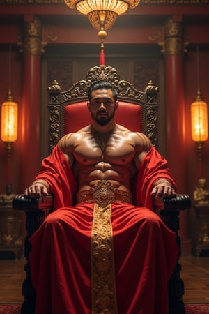 A sexy handsome body builder, Ancient Chinese emperor, luxurious palace, emperor chair