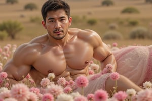 A full sexy body muscular man with a handsome face and tan skin, sporting short black hair and a clean-shaven face, undercut hairstyle, no beard, is lying on his side on a colorful flower field, with his left hand supporting his cheek. The image showcases his large pectorals and is rendered in 8k photorealistic quality, RAW photo, with best quality enhancement at 1.4.pink_flower_meadow