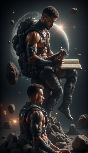 above view, A full sexy body muscular programmer with a handsome face and tan skin, sporting short black hair and a clean-shaven face, undercut hairstyle, no beard, no facial hair ,masterpiece,best quality, sitting on a research platform floating in the middle of an asteroid belt. He is studying with a notebook, surrounded by several asteroids glowing with fiery auras. Dramatic lighting from distant stars and planets illuminates the scene, casting deep shadows on the suit. The young man looks confident and determined, looking at the vast and mysterious universe with wonder and respect,facial hair, cowboy shot,