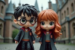 This is a super high-definition photo of "Harry Potter" and "Hermione Granger". has been turned into a "Kaiyodo" style figure in a super deformed style! The background is Hogwarts School.