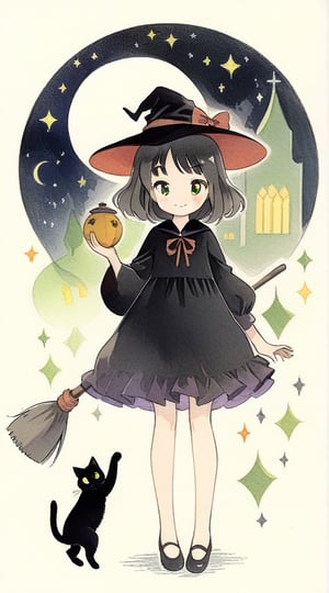 cat, 1girl, witch, black dress, cute girl, witch_girl, holding object, broom, night background, crescent, black cat, ketten, smile, green eyes, art by naoko takeuchi, full body