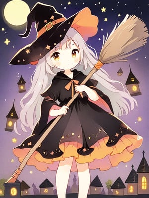 cat, 1girl, witch, black dress, cute girl, witch_girl, holding object, broom, night background