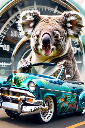 Create a double exposure image featuring a Koala bear driving a lowrider car. The lowrider should have a highly detailed paint job, with a sleek and vibrant design. The car should be equipped with white wall tires. In the overlay, include a speedometer with the dials reading 10 mph. The overall image should have a fun and laid-back vibe, capturing the relaxed atmosphere of a leisurely cruise.