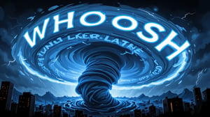 A large, dynamic cyclone dominates the scene, its funnel cloud morphing into the word 'WHOOSH', each letter seamlessly twisting along the spiral vortex in a mesmerizing dance. Vibrant blues and grays merge with flashes of white, vividly conveying the intense energy of the twister. The letters blur and blend into the swirling wind, as if they're being sculpted by the sheer force of the cyclone. The background, a deep, gradient blue, amplifies the storm's fury, with hints of lightning and dark clouds adding to the ominous atmosphere. Texture and detail abound, evoking a sense of frenzied turbulence in a maximalist style reminiscent of the works of Syd Mead, Ash Thorp, and Loish, with an emphasis on intricate digital brushstrokes and layer blending to create an electrifying, high-octane visual experience.,Neon