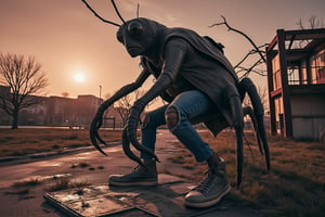 An oversized cricket dressed in trendy grunge-style clothes, hopping on a hopscotch game in a rundown park at dusk. The cricket wears torn jeans, a vintage jacket, and sneakers, blending into the grunge aesthetic. The park around it is dilapidated, with overgrown grass and rusty playground equipment, creating a sense of decay. The lighting is soft and eerie as the sun sets, casting long shadows and an orange-purple sky. The scene is detailed with a dark fantasy vibe, mixing surrealism and grunge fashion, perfect for a unique and mysterious atmosphere.