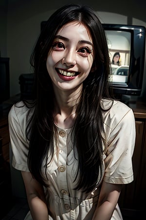 Sadako,long black hair,pale skin,hair over eyes,black eyes,
White dress,dirty clothes,sad,
night,crawling out from a television screen , Japanese, 
(insanely detailed, beautiful detailed face,beautiful detailed eyes, masterpiece, best quality), smile, creepy smile, grin, creepy face, cute face,
