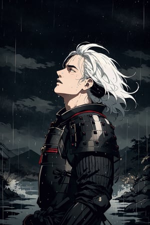 highly detailed, high quality, masterpiece, beautiful (medium short shot), 1 single male samurai with white hair, looking up (black armor), under the rain at night