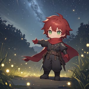 A swordsman of a man with light skin and striking green eyes. Red_Hair, Her short, messy red hair gives her a tough and adventurous appearance. He wears a long, flowing red scarf, a black jacket with silver trim, and a light gray shirt. His arms are covered by long black sleeves, ribbons with silver buckles on the edges, and he wears black pants with subtle details. A belt with a silver buckle wraps around his waist, with a red cloth tied over the suit in the form of an unbuckled belt. Large red gloves with gold edges, no fingertips, and sturdy black combat boots complete his ensemble. The scene takes place under a starry night, with soft fireflies illuminating the environment, creating a mystical and serene atmosphere, chibi