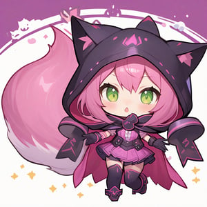 1 girl with cat ears, very long pink hair below the waist, green right eyes and red on the left, fuchsia cape and hood and pink blouse, lack of white, long purple stockings, colored bracelets purple and black gloves. pink fox tail with white tip, long purple boots with white background, chibi