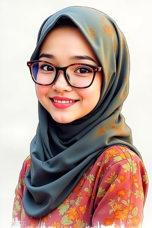 Sketch of Hanna, a beautiful Asian lady wearing hijab, with a nice face and charming smile, wearing glasses. She is dressed in a kebaya batik dress and has a happy gesture on her face, captured in a crosshatching style. Watercolor painterly, mixed with oil and acrylic textures, creating a vibrant and expressive portrait.