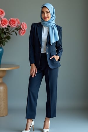 Create me a personal trainer who is a businesswoman, she wearing soft blue plain hijab, casual dark blue suit attire, high heel, simple and minimalist, back ground bokeh roses