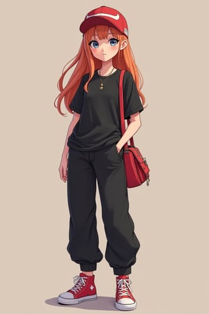 Anime 1 3d.hanna a beautiful lady wearing cap, long t-shirt black tshirt, long slack, red sneakers, bag packers, charm to, nice face and big eyes, she pose turn up, 