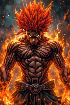 A muscular character with red spiky hair and glowing orange eyes, exuding fiery, intense energy. Intricate black tribal patterns cover their skin, including stripes across face, arms, and torso. Fierce, focused expression, staring downward in a battle-ready stance. Fiery elements and embers swirl around, enhancing the dramatic atmosphere. Surrounded by a dark, cosmic background, adding to their powerful, mystical presence.