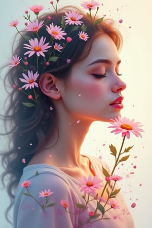 Digital illustration realistic 4D, Flower Paintings, Acrylic Flower Painting, Double exposure Abstract Flower Painting and potrait, A young lady grab the Daisy Flower Painting, Flower Painting for Beginner