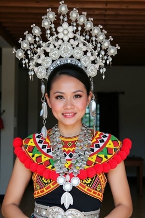 A pretty lady in traditional IbanAttireXmiya from Sarawak, Malaysia, characterized by intricate craftsmanship and vibrant colors. She wears a silver, floral-adorned headpiece called Sugu Tinggi and a beaded top Baju Marik Empang detailed with red, yellow, green, and black patterns. The scene captures her elegance and cultural pride, with close-up focus on the detailed beadwork and headpiece.