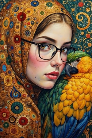 Gustav Klimt-inspired acrylic gouache watercolor painting of a young gorgeous lady wearing a hijabi and glasses, with a parrot perched nearby. Nuanced and bright colors in UHD, captured in a Dutch-angle through an anamorphic lens. Rembrandt-style painting of her face, with intricate patterns and golden details. Cinematic composition and lighting highlight her serene expression and the vibrant parrot.