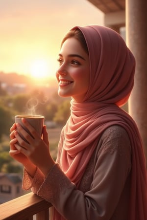 Digital illustration of a beautiful lady named Hanna, with a charming smile, wearing a hijab. She is seated on a varanda, holding a cup of coffee, enjoying the sunrise view. The scene is softly lit by the morning sun, highlighting her serene expression and the warm tones of the surrounding landscape. The composition focuses on her face and the horizon, with the rising sun casting a golden glow.