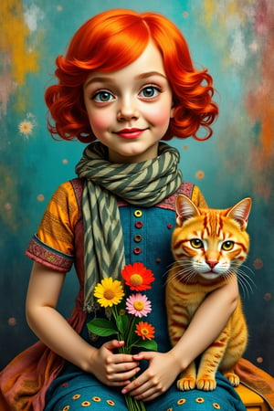 A whimsical young girl with rosy cheeks and vibrant red hair is the central figure. She's adorned in a dress, a patchwork of various patterns and colors, including shades of blue, green, and orange. A striped scarf wraps around her neck, adding to her colorful ensemble. In her hands, she holds a bouquet of flowers Beside the girl, a cat with striking yellow eyes sits attentively. The background is a riot of colors and shapes, an abstract tapestry --ar 2:3 --personalize ke2pk3s --v 6.1