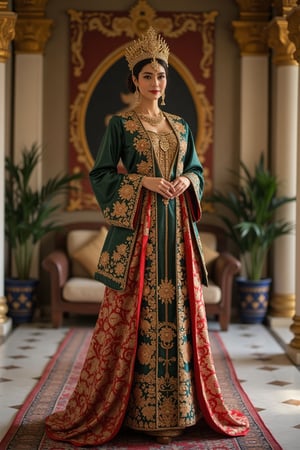 A regal portrait of a Malay Sultanate queen wearing the 'Kebarung Permaisuri' traditional costume, featuring intricate gold embroidery and vibrant colors. The queen stands majestically in a grand palace hall, with ornate pillars and rich tapestries in the background. Soft, warm lighting highlights her elegant pose, with a serene expression on her face. The composition centers on her, capturing the essence of her royal heritage.