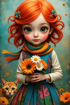 A whimsical young girl with rosy cheeks and vibrant red hair is the central figure. She's adorned in a dress, a patchwork of various patterns and colors, including shades of blue, green, and orange. A striped scarf wraps around her neck, adding to her colorful ensemble. In her hands, she holds a bouquet of flowers Beside the girl, a cat with striking yellow eyes sits attentively. The background is a riot of colors and shapes, an abstract tapestry --ar 2:3 --personalize ke2pk3s --v 6.1