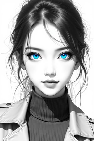 Sketch Create a monochrome portrait with selective color highlighting the subject's eyes in vivid  blue The portrait should feature a pretty lady, charm smile, with delicate details in her hair and clothing, wearing a turtleneck and jacket The style should be clean and elegant, with a modern and refined aesthetic. The subject should have a serene expression, with subtle shading and fine lines that emphasize the minimalist approach. The overall atmosphere should be ethereal and captivating."