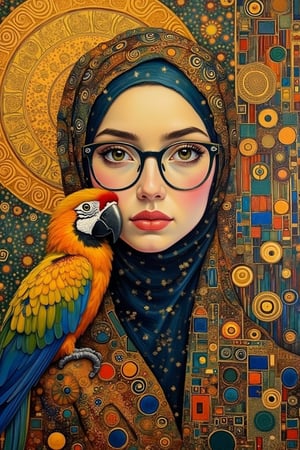 Gustav Klimt-inspired acrylic gouache watercolor painting, featuring a young gorgeous lady wearing a hijabi and glasses, with a parrot perched nearby. Nuanced and bright colors in UHD, captured in a Dutch-angle through an anamorphic lens. Rembrandt-style painting of her face, with intricate patterns and golden details. Cinematic composition and lighting highlight her serene expression and the vibrant parrot.