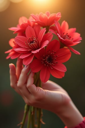 Closeup of a hand holding red flowers, depicting love, with warm light shining on the hand. Masterpiece, top quality, best quality, official art, beautiful and aesthetic, stylish pose, fractal art, pastel theme. Perfect, more detail XL, no monsters, no animals, no humans.