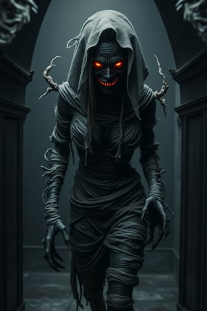 A mystic, horrifying monster devil lady with a nice physique, flying gracefully with messy long hair and grey-white cloth wrapped around her entire body. Her neon red sharp eyes and sharp teeth are prominent, embodying the character of the Lord of the Mummy. She is depicted in an enchanted dark and silent empty room, with red-yellow eyes glowing ominously. The scene is styled in an eco-punk aesthetic, with serene yet mysterious ancient black-grey brushstrokes as the background, adding to the eerie atmosphere.