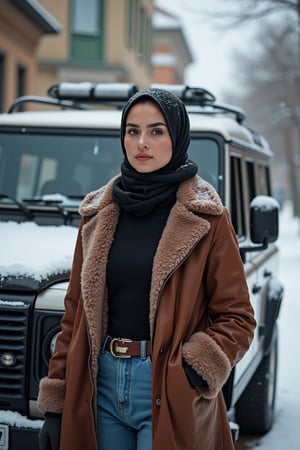 Photorealistic the charm potrait, Chiaroscuro lighting accentuating nuance and bright color, tenebrism illustration, a pretty lady wearing hijabi, fluffy and leather coat, long turtleneck, blue jeans stand a side land rover 4x4 at snowing day