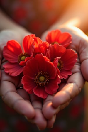 Closeup of a hand holding red flowers, depicting love, with warm light shining on the hand. Masterpiece, top quality, best quality, official art, beautiful and aesthetic, stylish pose, fractal art, pastel theme. Perfect, more detail XL, no monsters, no animals, no humans.