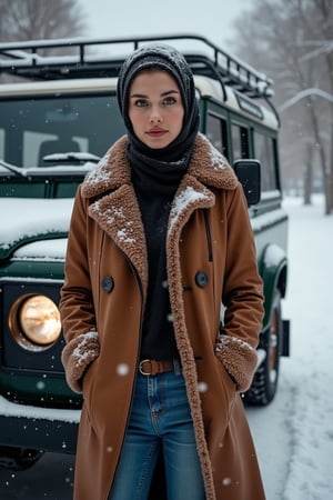 Photorealistic the charm potrait, Chiaroscuro lighting accentuating nuance and bright color, tenebrism illustration, a pretty lady wearing hijabi, fluffy and leather coat, long turtleneck, blue jeans stand a side land rover 4x4 at snowing day