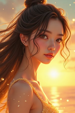 Sketch Webtoon-style, Masterpiece, best quality, official art, beauty and aesthetics. HDR, high contrast, wide-angle lens. A young Asian woman in Hongdoa-style with transparent, crystal-like skin, glowing from soft golden light. Her hair flows like liquid metal, surrounded by an aura of shimmering particles. High dynamic range, vivid, rich details, clear shadows and highlights. Realistic, intense, enhanced contrast, highly detailed. Long-shot scenic professional photograph, perfect viewpoint, hyper-realistic, with dramatic sky. Polarizing filter, natural lighting, vivid colors, everything in sharp focus. Fantasy detailers.