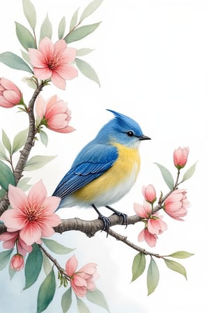 
A delicate blue bird perched on a blooming tree branch, surrounded by lush green leaves and vibrant pink cherry blossoms, as soft, feathery brushstrokes and gentle color blending evoke the dreamy, ethereal quality of watercolor, reminiscent of the whimsical style of Beatrix Potter, the delicate petals and subtle color palette of Elizabeth Blackwell, and the loose, expressive strokes of Charles Rennie Mackintosh