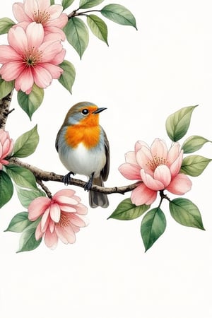 
A delicate robin perched on a blooming tree branch, surrounded by lush green leaves and vibrant pink cherry blossoms, as soft, feathery brushstrokes and gentle color blending evoke the dreamy, ethereal quality of watercolor, reminiscent of the whimsical style of Beatrix Potter, the delicate petals and subtle color palette of Elizabeth Blackwell, and the loose, expressive strokes of Charles Rennie Mackintosh