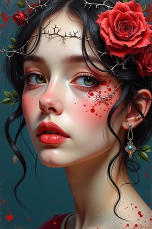 Prompt: 
Digital illustration realistic 4D, Potrait cut and paste style, beautiful face lady with amazing hue.Sewing, blurry, rose thorn decorate on face. The deep meaning impressionistic impasto-style palette knife artwork with brushstroke Ciafitteoil technique. 