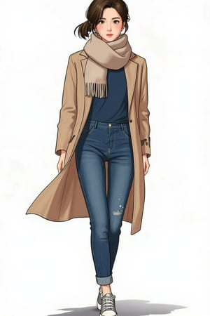 3D watercolor painting of Hanna, a pretty Japanese lady with brown hair tied in a simple ponytail, wearing a blue turtleneck, scarf, long coat, long jeans, and sneakers. She has sparkling eyes, subtle blush, and glowing skin. She walks forward with a gaze on the camera. Ukiyo-e art style, capturing a serene scene.