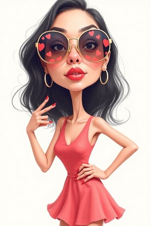 A minimalist 3D caricature of a pretty Malay lady named Zee, wearing sunglasses with a love pattern, exaggerated pose, and funny attitude. The image features ultrafine details, crosshatching, and a painterly blend of oil ink and watercolor. The composition is playful, with Zee striking a cute, humorous stance. The lighting is soft, highlighting the exaggerated features and vibrant colors. The background is simple, allowing Zee to stand out with her expressive and charming presence.