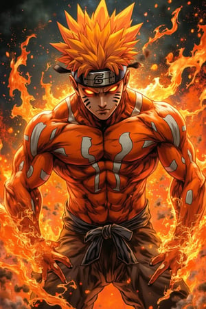 A muscular Naruto Shipuden character with orange spiky hair and glowing neon eyes, exuding fiery, intense energy. Orange martial art patterns cover their skin, including white stripes across face, arms, and torso. Fierce, focused expression, staring downward in a battle-ready stance. Fiery elements and embers swirl around, enhancing the dramatic atmosphere. Surrounded by a dark, cosmic background, adding to their powerful, mystical presence.