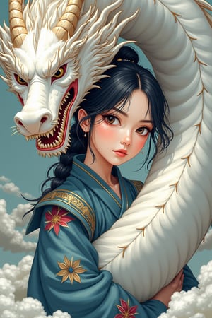 Digital illustration painting  art, epic anime style ghibli, lady with white dragon, samurai, very intricate details, gaze eyes on the camera Facing viewer flux-image, maximalism, bold lining, mparthan83, cinematicxhan