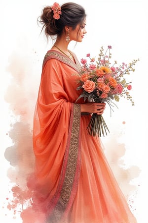 Watercolor painting,  3/4 view the pretties lady Indian wearing Smart casually, shawl and grab the bouque of flowers