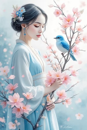 
Anime style webtoon a young Asian lady with delicate blue bird perched on a blooming tree branch with , surrounded by lush green leaves and vibrant pink cherry blossoms, as soft, feathery brushstrokes and gentle color blending evoke the dreamy, ethereal quality of watercolor, reminiscent of the whimsical style of Beatrix Potter, the delicate petals and subtle color palette of Elizabeth Blackwell, and the loose, expressive strokes of Charles Rennie Mackintosh,Elf Cute