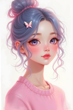 "A beautiful and ethereal portrait of a young
woman with soft, glowing skin and delicate
features with pink shirt in style, created using
digital illustration with gouache paint and sketching
techniques. Her face is framed by loose, pink
blue wavy messy bun hair that gently cascades
around her with small cute butterfly hair pin klip
She has light makeup with a natural blush and
subtle lip color, enhancing her natural beauty. The
background is minimalistic, with soft gradients of
white and pastel tones, creating a dreamy, serene
atmosphere.
(14)