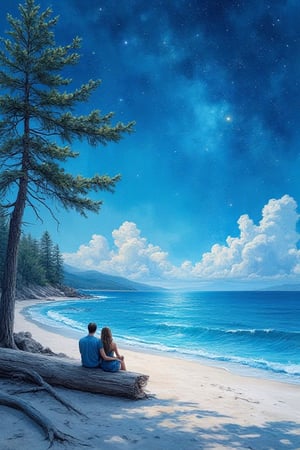 realistic image a beautiful snece beach, night skyline azure, stars, calm, cool, white sand, shinning ocean, a cute a pair of couples sit on old log wood under pine  tree,softly boldstroke  watercolor painterly