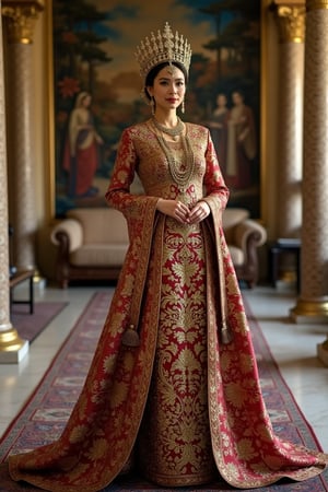 A regal portrait of a Malay Sultanate queen wearing the 'Kebarung Permaisuri' traditional costume, featuring intricate gold embroidery and vibrant colors. The queen stands majestically in a grand palace hall, with ornate pillars and rich tapestries in the background. Soft, warm lighting highlights her elegant pose, with a serene expression on her face. The composition centers on her, capturing the essence of her royal heritage.