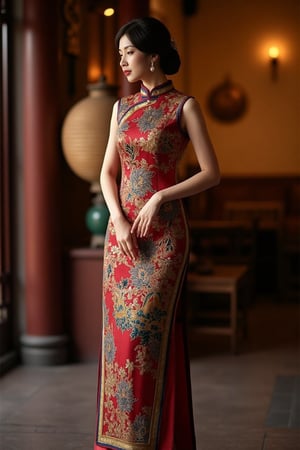 Hanna, a regal Chinese lady, wearing a long cheongsam dress with intricate embroidery, stands poised and elegant. The scene is bathed in cinematic lighting, with soft shading enhancing her regal atmosphere. The framing captures her graceful posture and the detailed embroidery, set in a traditional Chinese setting.