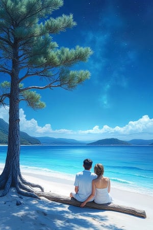 realistic image a beautiful snece beach, night skyline azure, stars, calm, cool, white sand, shinning ocean, a cute a pair of couples sit on old log wood under pine  tree,softly boldstroke  watercolor painterly