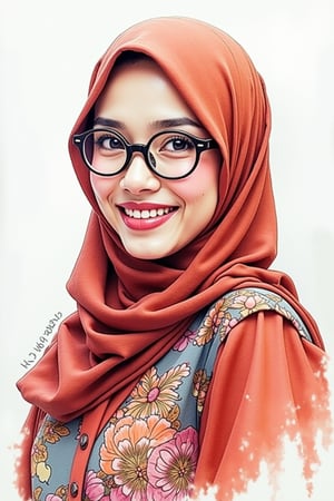 Sketch of Hanna, a beautiful Asian lady wearing hijab, with a nice face and charming smile, wearing glasses. She is dressed in a kebaya batik dress and has a happy gesture on her face, captured in a crosshatching style. Watercolor painterly, mixed with oil and acrylic textures, creating a vibrant and expressive portrait.