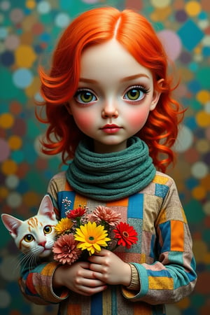 A whimsical young girl with rosy cheeks and vibrant red hair is the central figure. She's adorned in a dress, a patchwork of various patterns and colors, including shades of blue, green, and orange. A striped scarf wraps around her neck, adding to her colorful ensemble. In her hands, she holds a bouquet of flowers Beside the girl, a cat with striking yellow eyes sits attentively. The background is a riot of colors and shapes, an abstract tapestry --ar 2:3 --personalize ke2pk3s --v 6.1